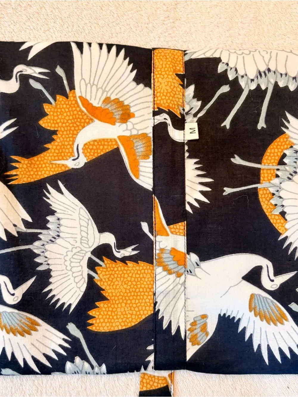 Crane Print Fabric Pouch - Black Gold Accent 100% Cotton